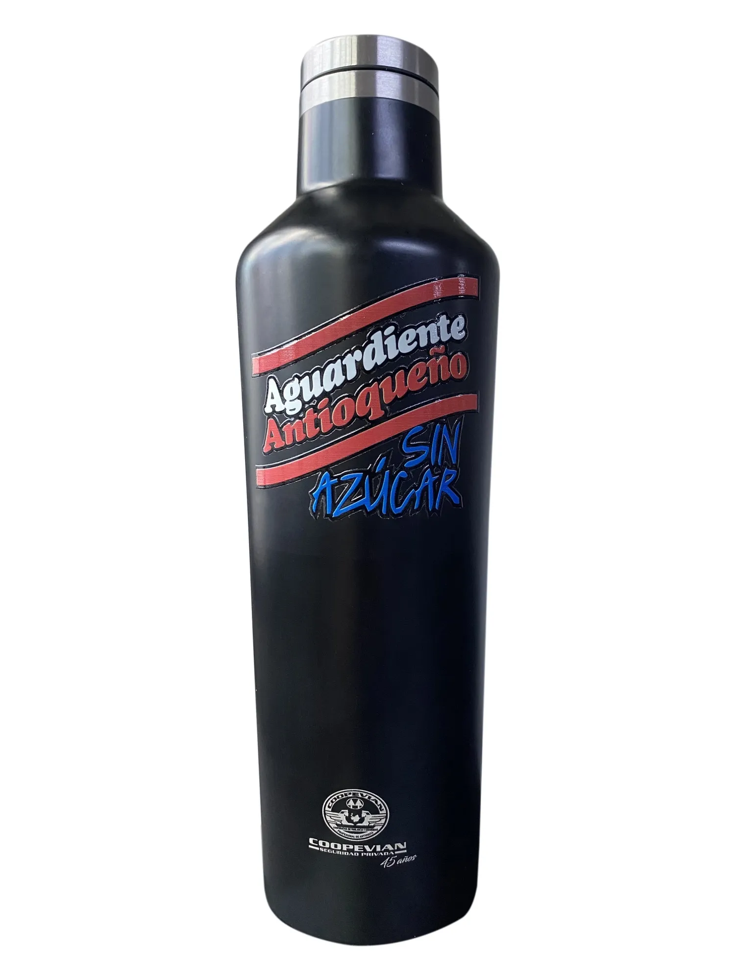 Termo metálico negro con el logo de Aguardiente Antioqueño impreso a full color en DTF UV